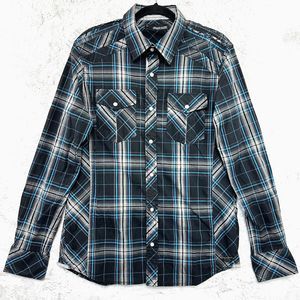 Buckle Black Shirt Mens M Western Pearl Snap Button Pockets Long Sleeve Plaid